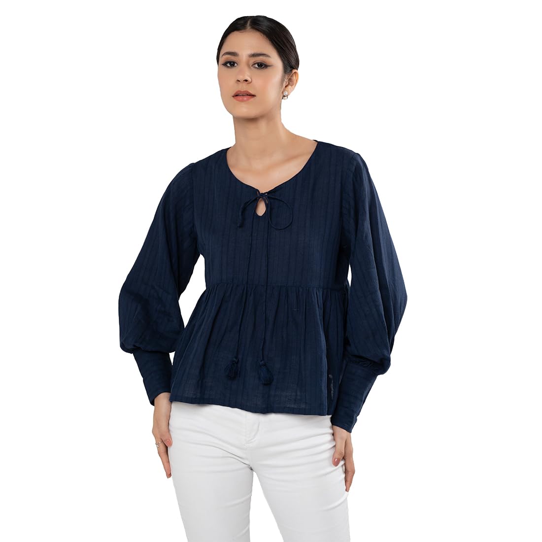 Blue Cotton Tops for Women Peplum Style | Tie Up Neck | Long Bishop Sleeves | Regular Fit | Solid Pattern Tops for Women | Workwear Women Formals | Pack of 1-picture-10