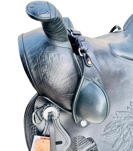 AHS usa Premium Black Leather Western Custom Wade Saddle with Complete Tack Set & Bucking Rolls Attached | Floral Carving | (16.5\")