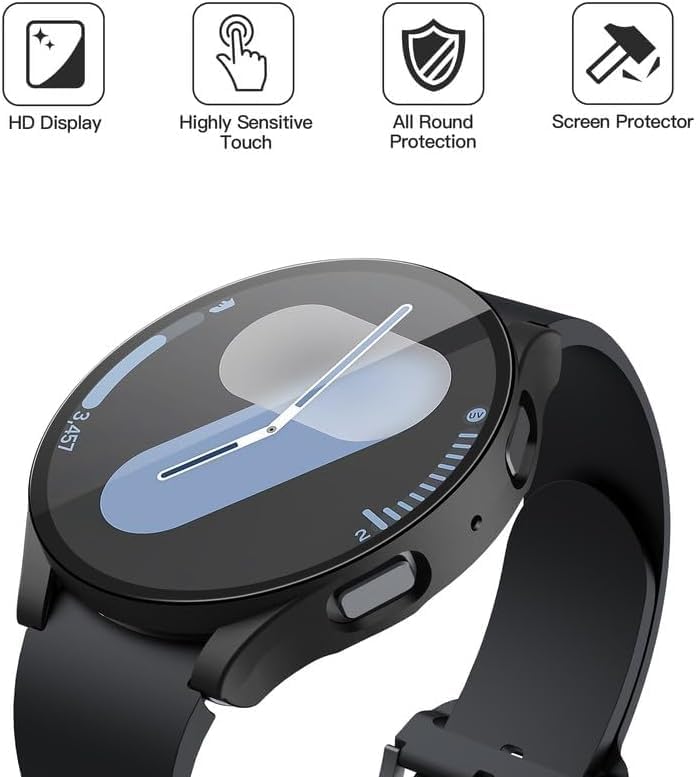 Image of OJOS Hard PC Screen Protector Case for Samsung Galaxy Watch 7 44mm, Anti-Slip Ultra-Thin Scratch Resistant Cover with Tempered Glass for Galaxy Watch7-Black