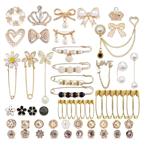 60 PCS Pearl Brooch, Junk Sock Charms, Socks Safety Pin Brooches, Women's Hat Dresses Brooches and Pins, Sweater Shawl Clip Neckline Safety Pin Decoration Accessories (Multicolor)