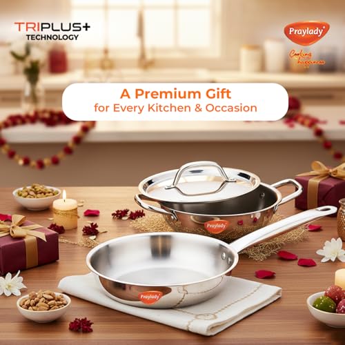 Image of Praylady Triplus Aura 3-Piece Tri-Ply Stainless Steel Cookware Gift Set - 20cm Kadai, 20cm-1.7ltr | Frying Pan with Common Lid | Naturally Non-Stick, Superior Heat Distribution, Elegant Gift Choice