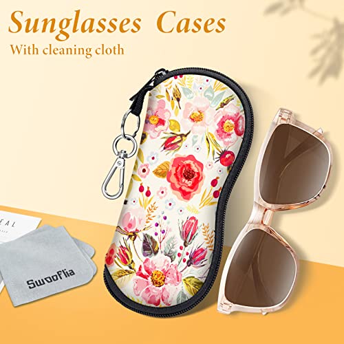 Swooflia Sunglass Glasses Eyeglass Case Bag, Cute Flowers Soft Reading Glass Pouch For Kids Women Men Neoprene Cloth Travel Extra Large Slim Cases With Clip Zipper 2 Pack #TOP1
