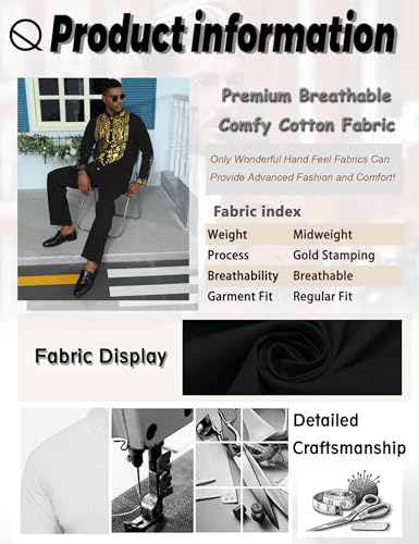 Mens African 2 Piece Sets Dashiki Metallic Traditional Suit Gold Stamp Printed Shirt and Pants Outfit4