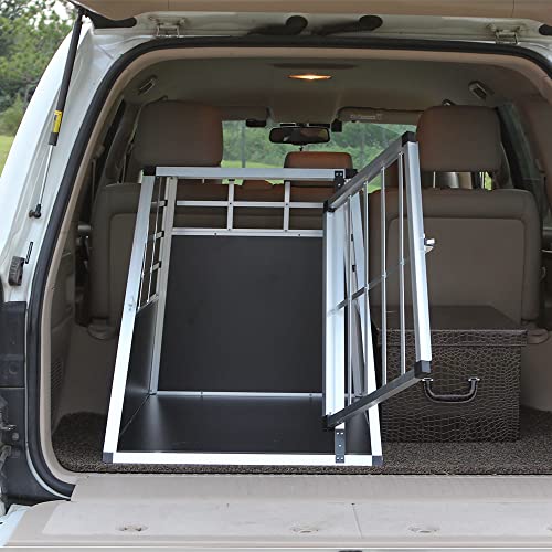 Thanaddo Alu Hunde Autotransportbox – Auto Hundebox robust & pflegeleicht – Gittertür verschließbar - Aluminium Kofferraumbox Reisebox für Hunde Katzen (65x91x69cm 76 Grad)