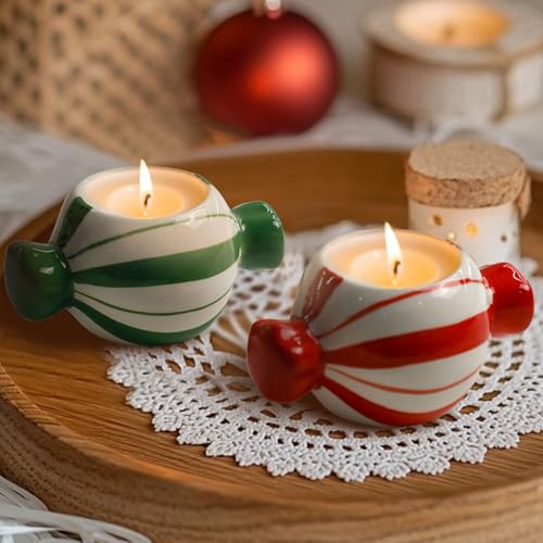 DIF DECO Candy Ceramic Candle Holders 2 PCS Christmas Decor Candlestick Holders Centerpieces for Home Wedding Xmas Dinning Party for 1.5 inch Candle and Led Candle(Red + Green)