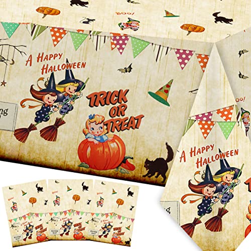 Chinthie Halloween Holiday Decorations Trick or Treat Vintage Tablecloths Disposable 3PCS Retro Pumpkin Plastic Table Covers for a Happy Party Supplies(70x43 Inch), Yellow