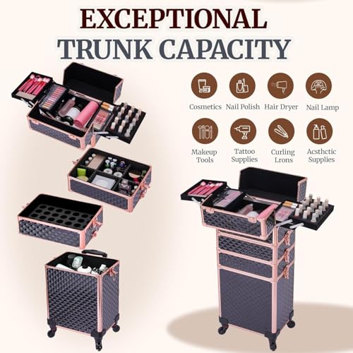 Image of TOPACK Professional 4-In-1 Rolling Makeup Train Case, Large Makeup Travel Case with Key Shoulder Strap /Handle Cushion I Makeup Train Case I Makeup Nail Cart I Cosmetology Case on Wheels(Black Glod)