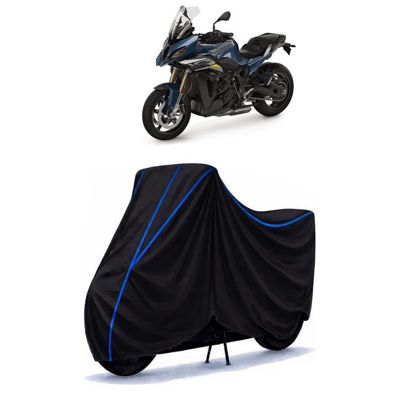 Image of S 1000 XR Bike Cover Water Resistant Universal Motorcycle Rain | Heavy Duty UV Protection, Dust, Scratch Indoor Outdoor All Weather with Black Blue Piping Elastic