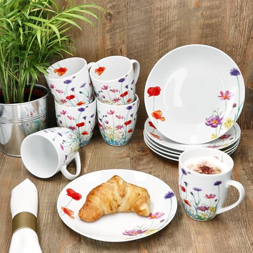 MamboCat Marie 12tlg Frühstücksset I Porzellan-Geschirr mit Blumenwiese-Dekor für 6 Personen I Je 6x Teller & Becher 320ml für Frühstücks- & Kaffeezeit