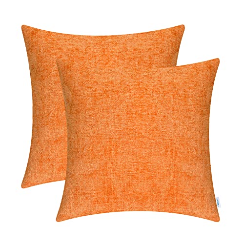 Image of CaliTime Pack of 2 Cozy Throw Pillow Covers Cases for Couch Sofa Home Decoration Solid Dyed Soft Chenille 18 X 18 Inches Bright Orange