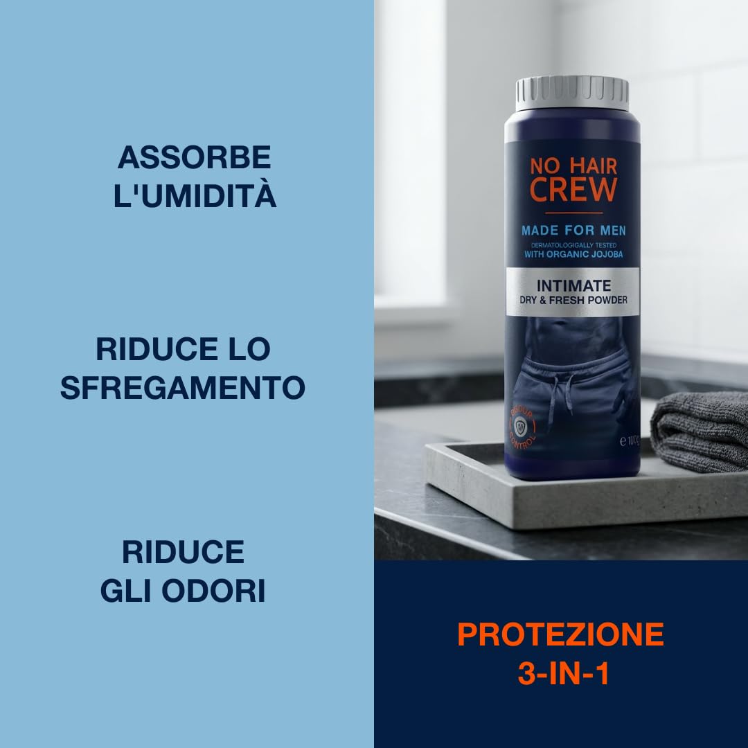 NO HAIR CREW Dry & Fresh Polvere Intima Uomo 100 g – Polvere Corpo Senza Talco contro Sudore, Odori e Sfregamenti – Sensazione di Freschezza e Comfort Duraturi