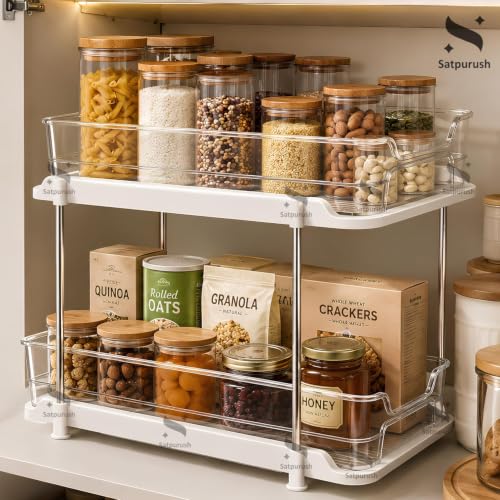 Image of Satpurush 2 Tier Kitchen Organizer Rack for Countertop, Space Saving Multipurpose Organiser with Transparent Trays for Spice Jars, Oil Bottles & Containers (Transparent, Compact (22.5 CM))