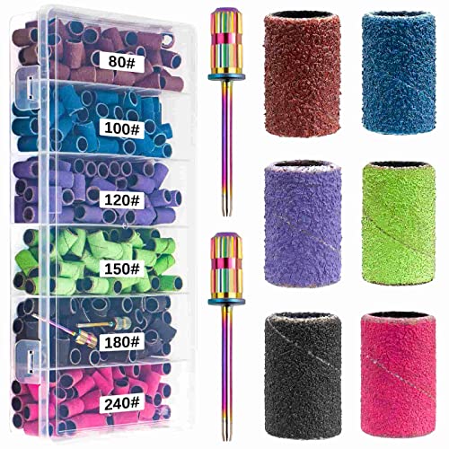 Bandas de arena para taladro de uñas, 300 unidades de bandas profesionales de arena de uñas, 80#100#120#150#180#240# diferentes bandas de arena con brocas de mandril de 3/32 pulgadas para máquina de