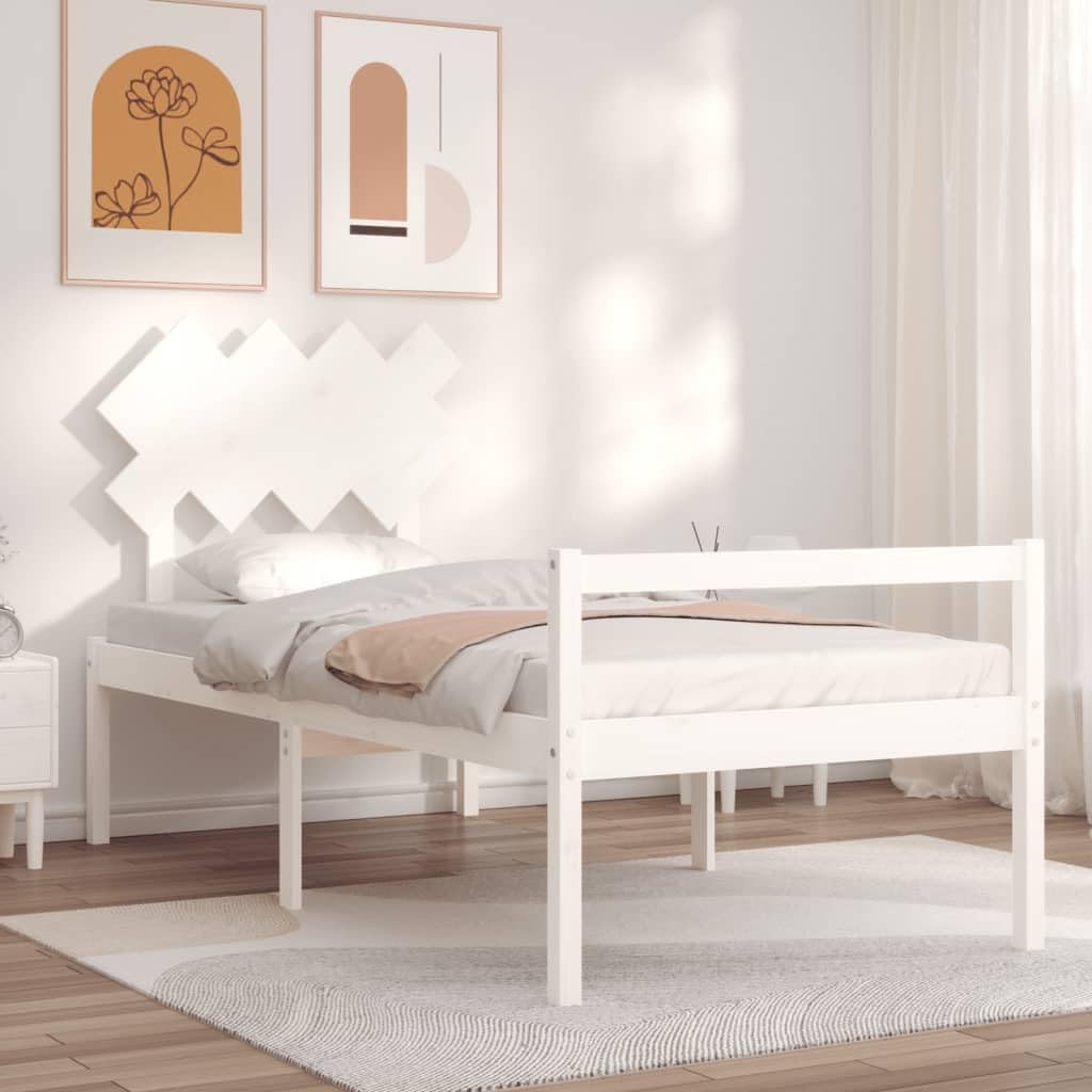 Seniorenbett Weiß 90x190 cm - Massivholz Kiefer Einzelbett mit Kopfteil, Komforthöhe 45 cm Seniorengerechtes Bettgestell Holz für Senioren & Erwachsene, Stabil Holzbetten Holzrahmen
