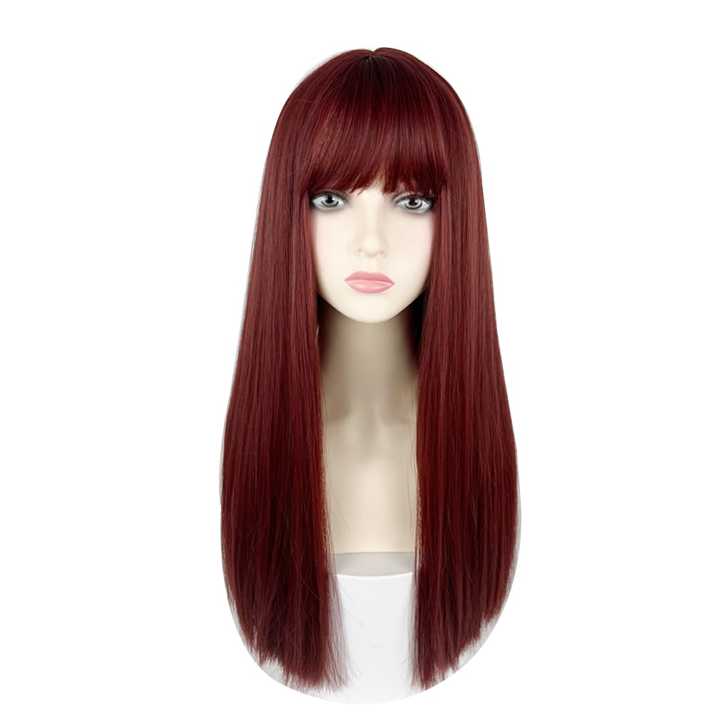URCGTSA 22 Inches long Hair Wig for Women Black Synthetic Hair Natural Long Straight Wig With Bangs Party Cosplay Wig for Girl (Raspberry Red)