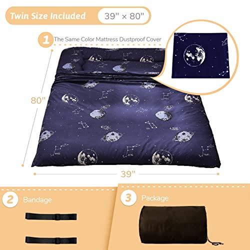 Navy Space Adventure Japanese Floor Futon Mattress, Thicken Tatami Mat Sleeping Pad Foldable Bed Roll Up Mattress Floor Lounger Bed Couches and Sofas for Kids Twin Size