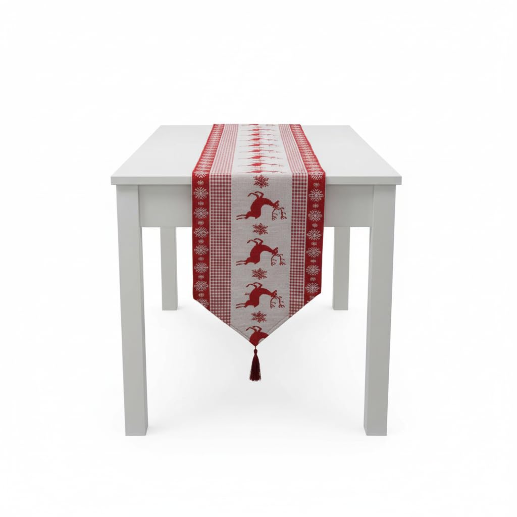 Decor Essentials Christmas Reindeer Table Runner With Tassel 34cm x 150cm Xmas Dinner Decor