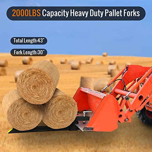 Sulythw Clamp On Pallet Forks, 43” Total Length 2000lbs Pallet Forks for Tractor Bucket with Adjustable Stabilizer Bar, Heavy Duty Pallet Forks for Tractor Attachments, Skid Steer, Loader Bucket