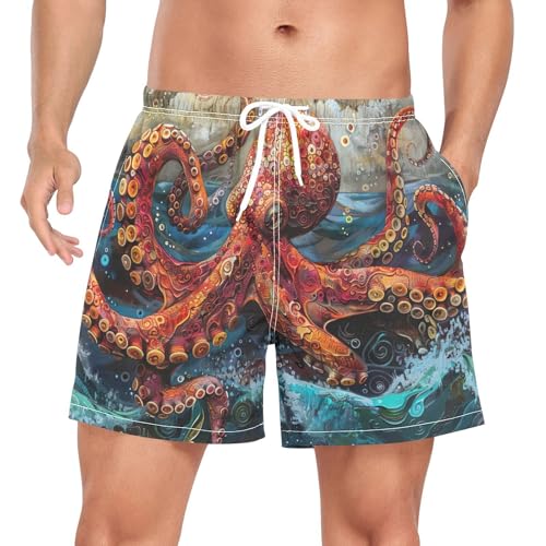 Red Octopus Mens Swim Trunks with Compression Liner 4.7