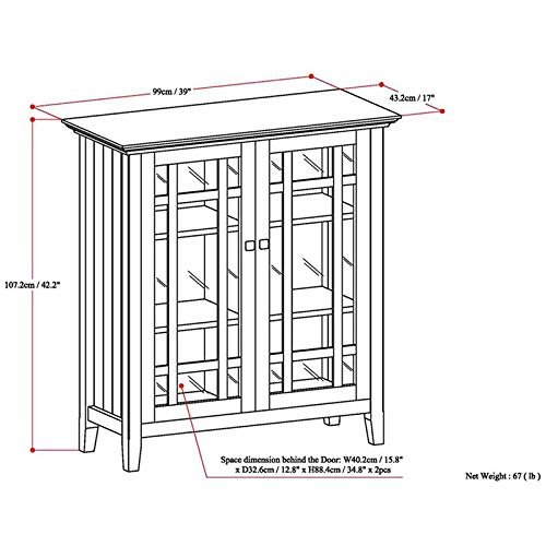 Simplihome Bedford Solid Wood 39 Inch Wide Rustic Medium Storage Cabinet In Dark Tobacco Brown, With 2 Tempered Glass Doors, 4 Adjustable Shelves #TOP2