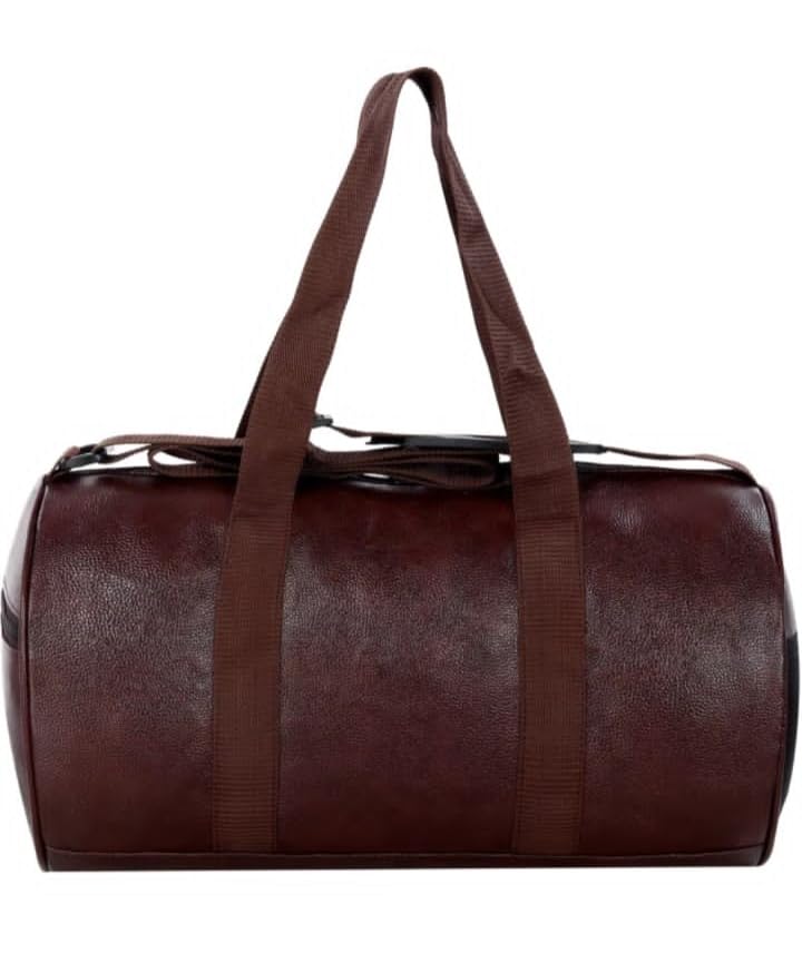 Vintage Style Cylindrical Duffle Bag, Brown Faux Leather, Travel Gym Weekender Bag with Dual Handles (Brown)-image-47