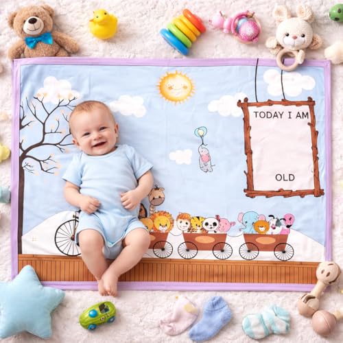 Image of Growth Keepsake Baby Blanket 51 * 43 Inch Monthly Age Marker Blanket Giraffe Train Themed Cartoon Printed Background Washable Foldable Infant Play Mat