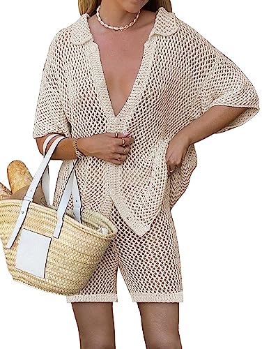Famulily 2 Piece Shorts Set for Women Sexy Hollow Out Swimsuit Cover Up Button Down Shirt and Wide Leg Shorts Matching Set Khaki S