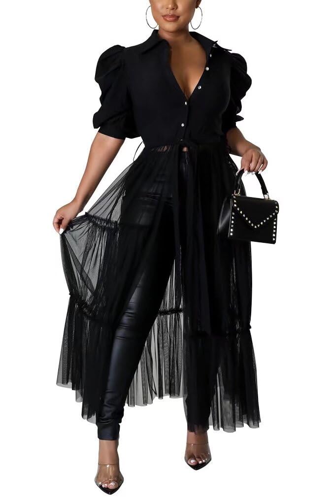 Ekaliy Womens Casual Mesh See Through Shirts Long Dresses with Belt V Neck Button Down Club Party Outfit