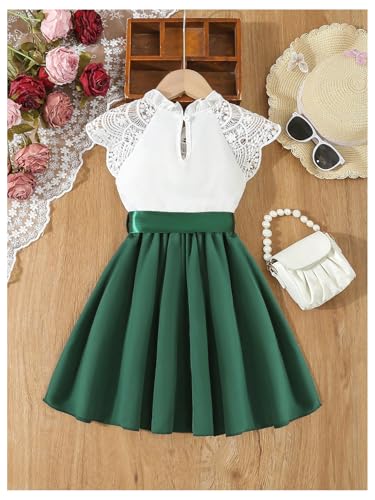 WDIRARA Toddler Girl's Lace Mock Neck Cap Sleeve Dress Belted A Line Flared Dresses2