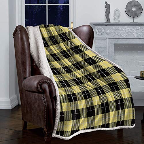 Sherpa Fleece Throw Blanket Fluffy Fuzzy Cozy Flannel Plush Blankets Yellow And Black Buffalo Plaid Reversible Soft Warm Bed Throws Classic Gingham Check Blanket For Couch,Sofa,Travel #TOP1