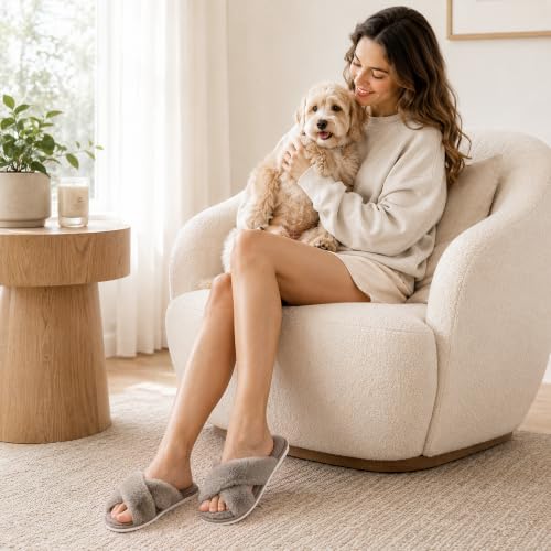 Image of Ankis Women's Fuzzy Slippers Cross Band Memory Foam Open Toe Comfy Soft House Shoes Anti-Slip Indoor Outdoor Gifts for Women