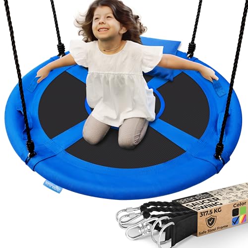 SereneLife Tree Swing Seat Large Round Saucer Kids Swings Adults and Kids Nest Swing Durable Frame 318kg Capacity Indoor Outdoor Hanging Rope Swinging Seat for Backyard Garden and More Blue