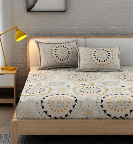 Image of 380 TC Premium Glace Cotton Elastic Fitted Bedsheet King Size with 2 Pillow Covers King Size | Double Bed with All Around Elastic (WhiteCK, Fitted - 72 inchx78 inch King)