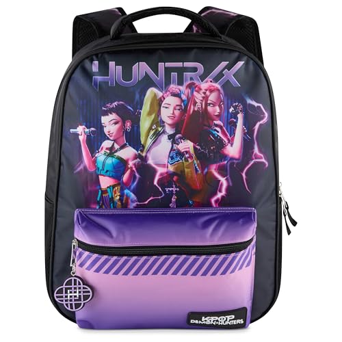 AI ACCESSORY INNOVATIONS K-Pop Demon Hunters Huntrix 16” Backpack for Girls, Featuring Rumi, Zoey, Mira, Rubber Molded Bag Charm, Huntrix