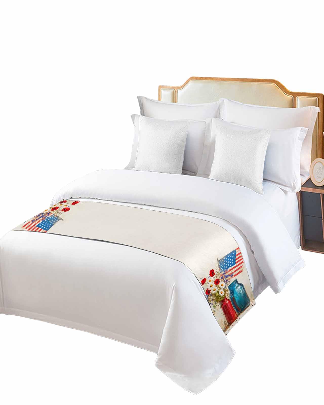 DecorLovee Independence Day Bed Runners for Twin Size Bed, Decorative Bed Throws for Foot of Bed, Red Blue American Flag Poppy Flower Bed Runner Sofa Throw Bedding Scarf Protector for Bedroom