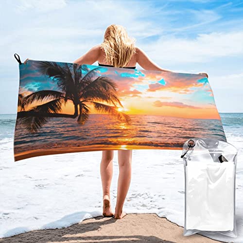 DADABULIU バスタオル 薄手 ボディタオル ビーチタオル 大判 夏 ヤシの木 海辺 海 マイクロファイバー 速乾 ふわふわ 高速吸水 サイズ:70cm×140cm 収納袋付き ループ付き 家庭用 旅行 かわいい おしゃれ