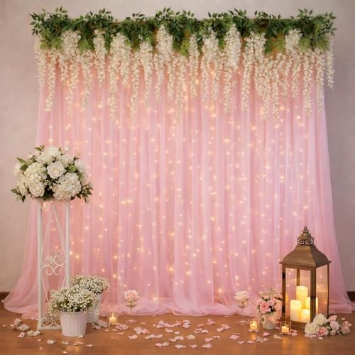 Image of Party Propz Light Pink Net Curtain for Backdrop Decoration with Artificial Ivory Wisteria Flower & Light -9Pcs, Ganpati Decoration Setup for Home, Ganpati Decorations, Varalakshmi Pooja, Janmashtami