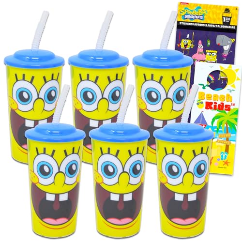Nickelodeon Spongebob Squarepants - Bicchieri riutilizzabili per bambini, 473,6 g, 6 pezzi, con tazza da 473 ml con coperchio e cannuccia + adesivi per ragazzi e ragazze, bicchiere Spongebob con