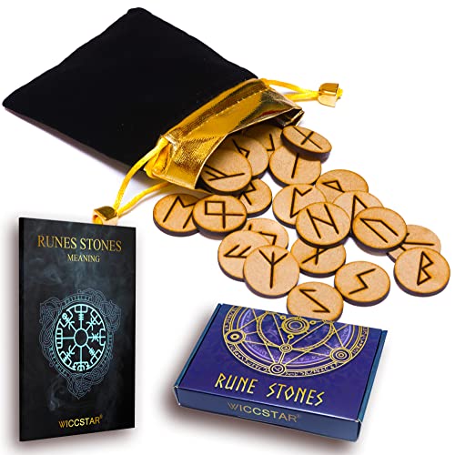 WICCSTAR 25 de Madera runas vikingas Piedra Bolsa Set con diseño