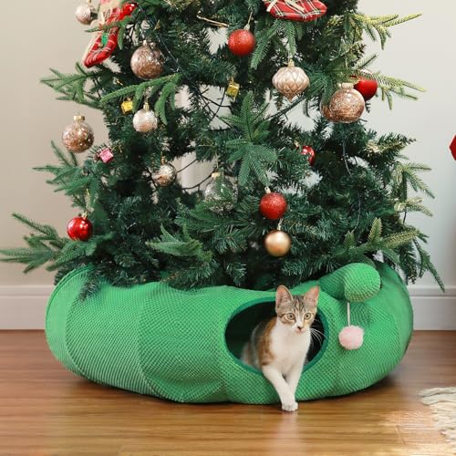 Image of PEQULTI Cat Tunnel with Bed for Indoor Cats, Cat Play Donut Tunnel with Washable Soft Plush Flower Mat, Round Tube Toys Cute Tube for Kittens, Puppies, Rabbits and Ferrets, Green&Pink