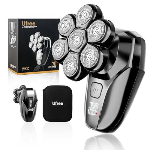 Ufree 7D Rotating Head Shaver for Bald Men, Magnetic Detachable Blades, IPX7 Waterproof Electric Razor, Head Face Beard Trimmer Grooming Kit with USB Fast Charge, Smart LED Display, Mens Gifts