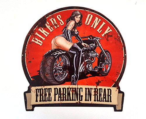 LB H&F Blechschild Retro Motorrad Blech Metallschild SEXY - FREI PARKEN - Biker Braut - Rund 30x30cm Gross