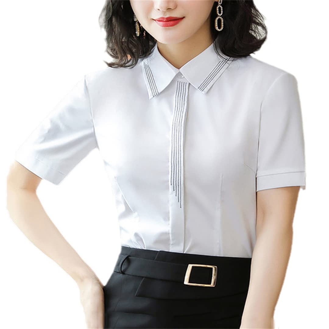 Camisa con Botones para Mujer Blusa de Negocios de Manga Corta con Cuello en V para el Trabajo Oficina Blusas Formales de Verano White S