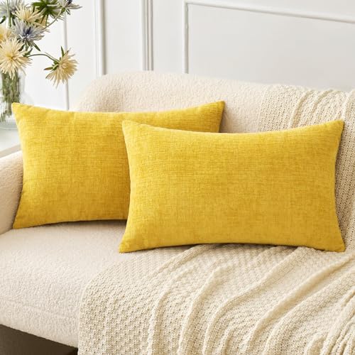 Image of MIULEE Pack of 2 Couch Throw Pillow Covers 12x20 Inch Soft Yellow Chenille Lumbar Pillow Covers for Sofa Living Room Spring Home Decor Couch Solid Dyed Cases