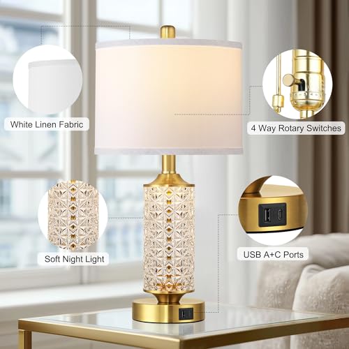 QiMH Gold Glass Table Lamps Set of 2, Nightstand Lamps for Living Room - image 4