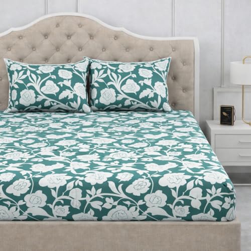 Image of 300 TC Cotton Feel Glace Cotton Elastic Fitted Bedsheet for King Size Double Bed | Fits up to 8 Inch Mattress | Printed Bedsheet with 2 Pillow Covers (Flower, King Size - 72 inchx78 inch)