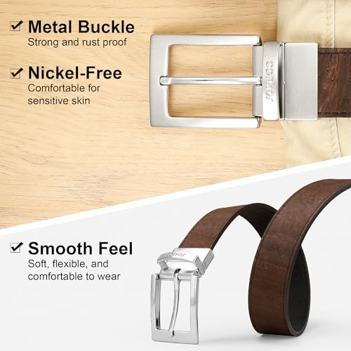 Cork Reversible Vegan Belt – Adjustable 1.37-Inch Wide Men's Dress & Casual Belt – Black & Brown, Water-Resistant3
