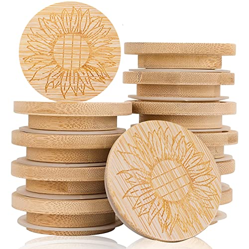 12 Pack Oui Yogurt Jar Lids Set, Bamboo Wood Lids that Fit Oui Yogurt Jars, Oui Lids with Silicone Sealing Rings and Sunflower pattern for Perfect Seal