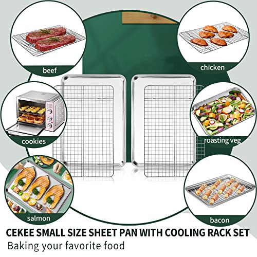 CEKEE 4 PCs Small Baking Sheet With Wire Rack Set [2 Pans + 2 Cooling Racks], 10 Inch Stainless Steel Tray - Rust & Warp Resistant, Easy Clean