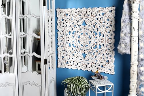 Deco 79 Wood Floral Handmade Intricately Carved Wall Decor with Mandala Design, 36" x 2" x 36", White - Image 6